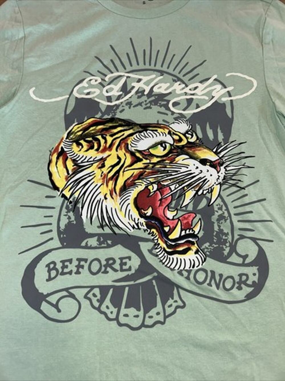 Ed Hardy Roaring TIGER Tattoo "BEFORE HONOR" Mint Green T-Shirt Small NWT